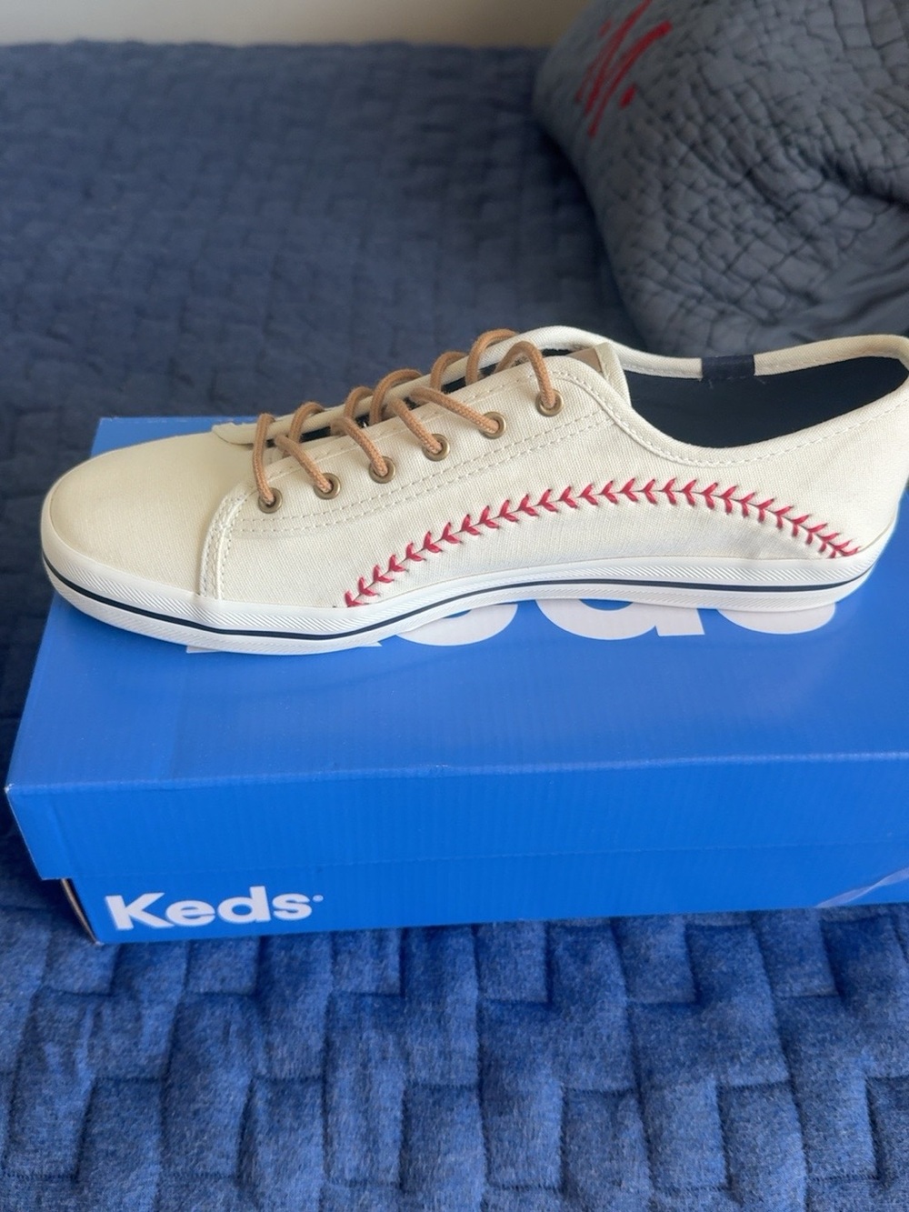 Keds Kids Cream Canvas Sneaker with Red Stitching and Tan Laces